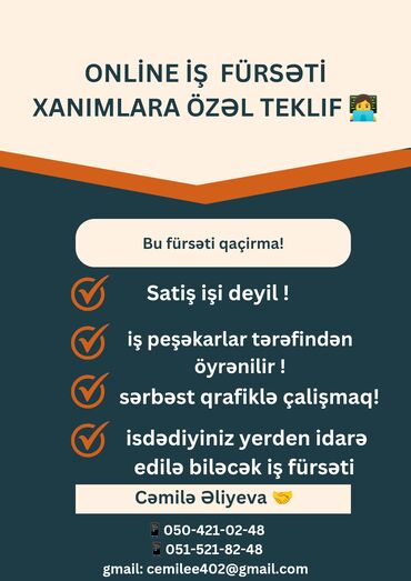 Taksi, logistika, çatdırılma: Online iş fürsəti – Xanımlara özəl təklif - Satış işi deyil - İş