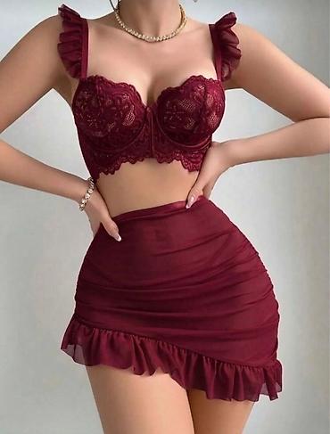alt paltarlar: Bordo rəngli iki hissəli dəst – krujeva detallı büstqalter və mini — 1