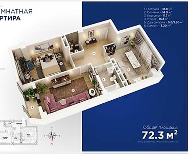 2 room: 2 комнаты, 72 м², Дворец спорта Элитка, 9 этаж, ПСО (под самоотделку) — 2