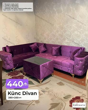 Divanlar: Künc Divan – 280×200 sm - Mexanizm: açılan, bazalı (yataq funksiyalı — 1