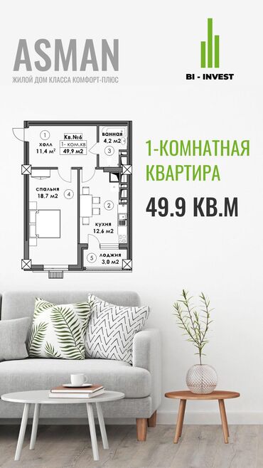 квартира кок жаре: 1 комната, 49 м², Элитка, 2 этаж, ПСО (под самоотделку)