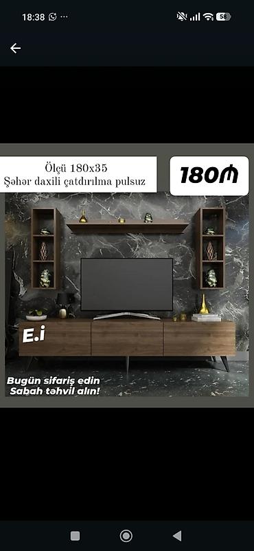 Mebellə TV stendi və divar rəfləri dəsti - Ölçü: 180 x 35 sm (stendin