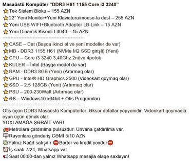 Masaüstü kompüterlər və iş stansiyaları: Masaüstü Kompüter "DDR3 H61 1155 Core i3 3240” ⭐Tək Sistem Bloku – 155 — 2