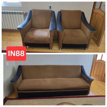 Комплекты диванов и кресел: Б/у, Диван, 2 кресла, Без подьемного механизма, Раскладной