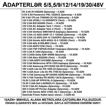 toshiba adapter: ⭐5V 2.0A XY-050200 (İşlənmiş) – 5 AZN ⭐5.5V 0.5A Panasonic PNL V226CE