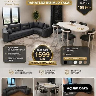 Divan və masa dəstləri: XMD Mebel – künc divan və masa dəsti Künc divan: - Ölçü: 3×2 - Açılan — 2