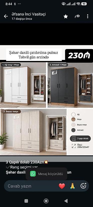 *3 Qapılı dolab 230Azn💥* ✔️Rəng seçimi var *Şəhər daxili Çatdırılma və
