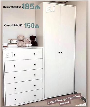 Ev üçün mebel: Ağ rəngli yataq otağı dəsti – dolab və kamod - Dolab: 2 qapılı, ölçü — 1