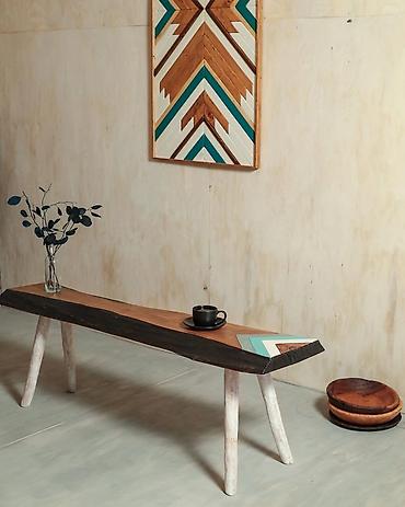 Taxta skamya – etnik/boho üslubunda - Material: massiv ağac lövhə