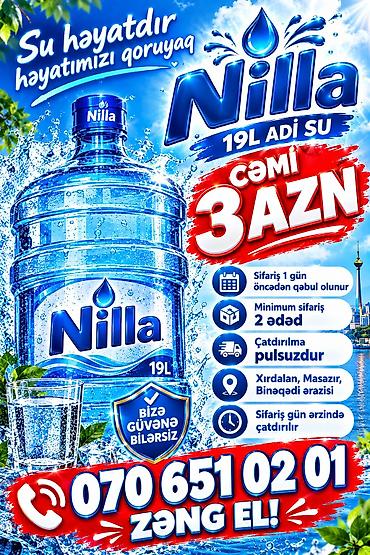 Nilla – 19 litrlik içməli su - Həcm: 19L adi su - Qiymət: cəmi 3 AZN