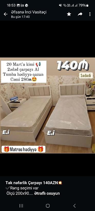 tek salon: *Tək nəfərlik Çarpayı 140AZN💥* ✔️Rəng seçimi var Ölçü 200x90 — 2