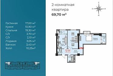 14: 2 комнаты, 70 м², Асанбай мкр Элитка, 14 этаж, ПСО (под самоотделку) — 2