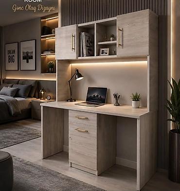 ofis stollari: Modern iş masası və üst dolablı kompakt iş stansiyası - Material — 1