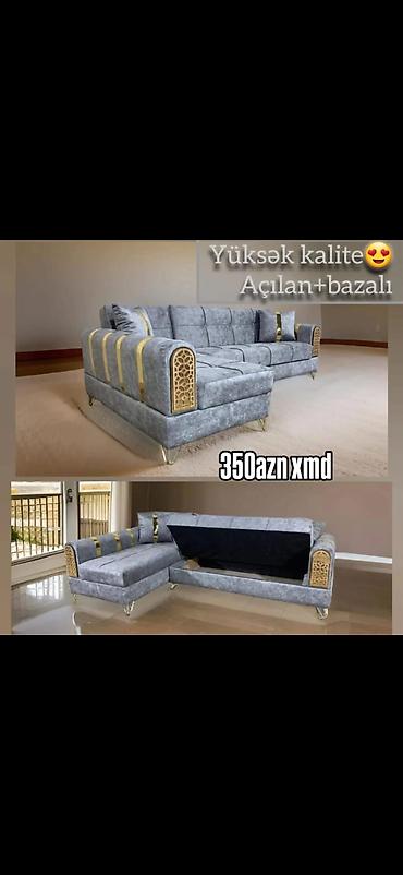 mebel stullar: Künc divan – açılan və bazalı model - Rəng: boz (qızılı dekor — 1