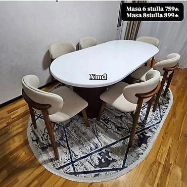 Oval formalı yemək masası və stul dəsti - Masa: parlaq ağ, oval üst