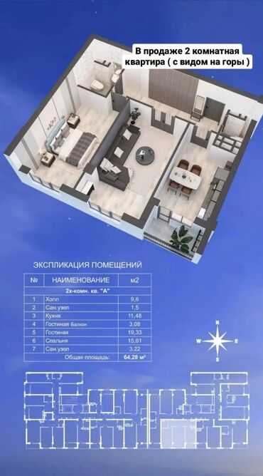 2 комнаты, 65 м², Элитка, 3 этаж, ПСО (под самоотделку)
