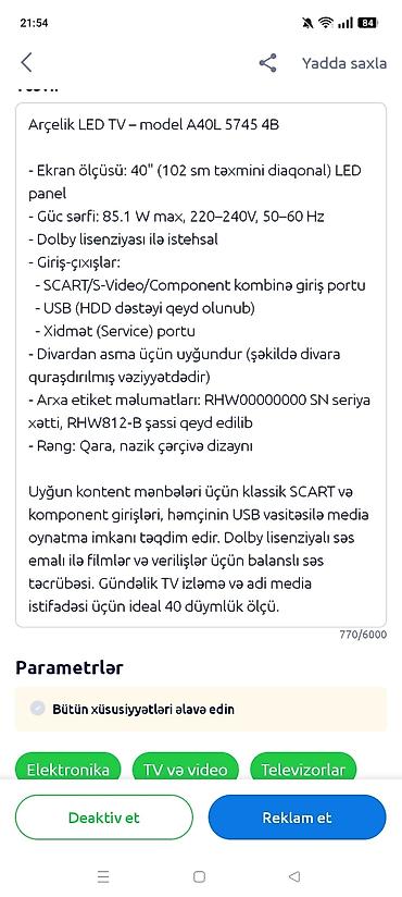 Televizorlar: Arçelik LED televizor Model: A40L 5745 4B (etiketdə göstərilir) Ekran — 11