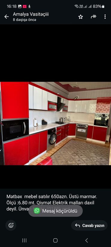 Mətbəx mebeli: Mətbəx mebel satılır 650azn. Üstü mərmər. Ölçü :6.80 mt. Qiymət