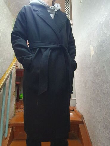 Пальто: Классическое пальто с поясом, демисезонное, чёрное, размер 3XL