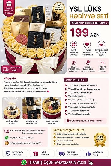 hk 9: **Elanın adı: YSL Lüks Hədiyyə Seti** **Qiymət:** 199 AZN **Məhsul — 1