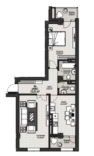 Продажа квартир: 2 комнаты, 72 м², Элитка, 4 этаж, ПСО (под самоотделку)