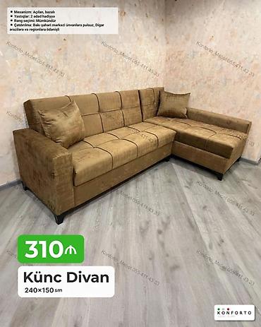 Divanlar: Künc divan – 240×150 sm - Mexanizm: açılan, bazalı (yataq funksiyası — 1