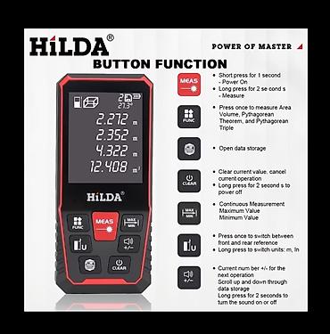 Alətlər: HILDA 120M lazer məsafəölçən - Ölçmə məsafəsi: 120 m - Dəqiqlik və — 1