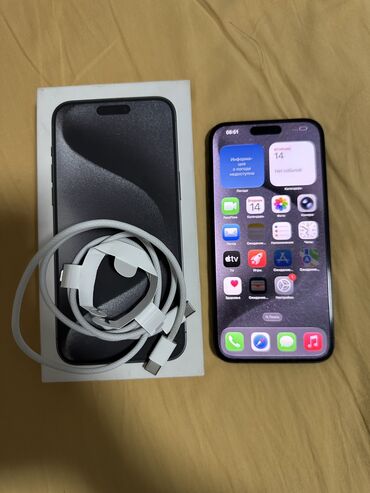 авто регстратор: IPhone 15 Pro Max, Колдонулган, 256 ГБ, Black Titanium, Кабель, Куту, 86 %