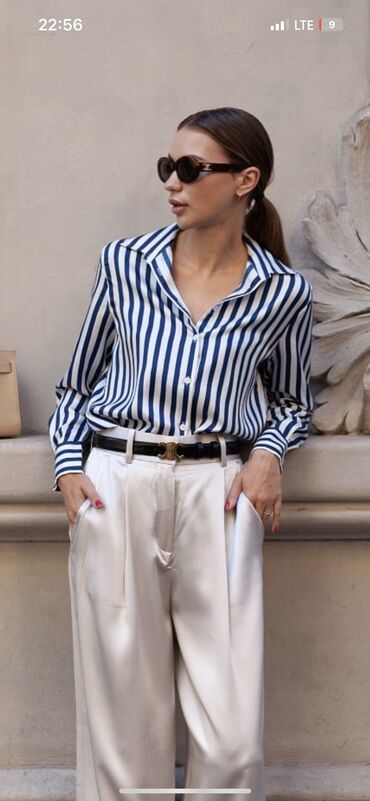 длинная белая рубашка женская: Рубашка, Классическая модель, В полоску