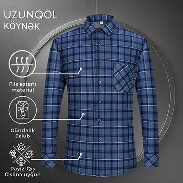 Köynəklər: Flis astarlı, isti, dəbli kişi köynəyi Rəng: Göy. Ölçü: L, XL, 2XL