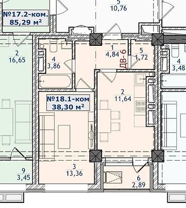 turpan tower: 1 комната, 38 м², Улан-2 мкр Элитка, 6 этаж, ПСО (под самоотделку) — 2