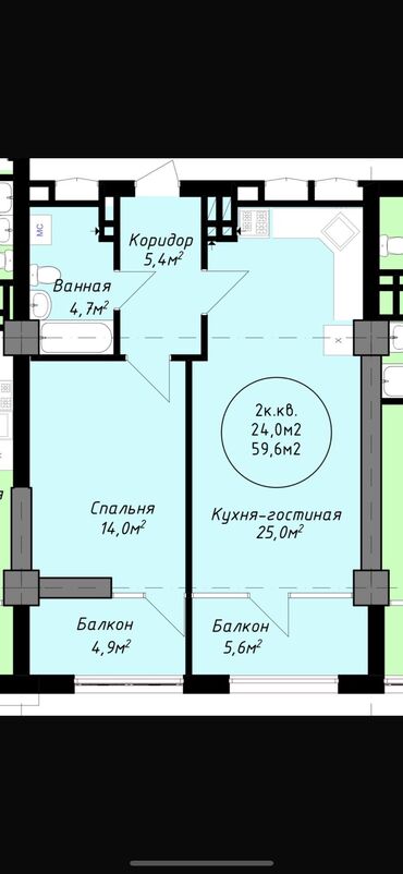 куплю квартиру дом: 2 комнаты, 60 м², Индивидуалка, 7 этаж, ПСО (под самоотделку)