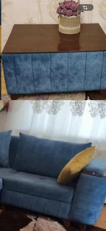 Ev və bağ: Mavi rəngdə L formalı yumşaq künc divan dəsti. Xüsusiyyətlər: - L — 1