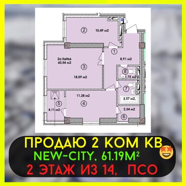 Продажа квартир: 2 комнаты, 61 м², Элитка, 2 этаж, ПСО (под самоотделку)