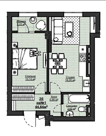room: 1 комната, 44 м², Элитка, 12 этаж, ПСО (под самоотделку) — 3