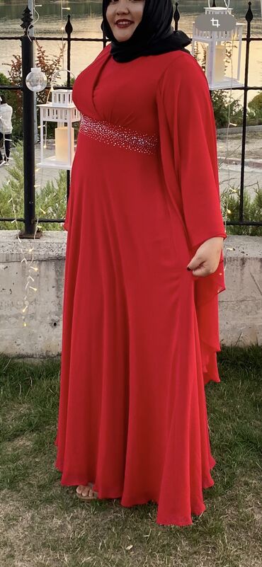 длинное красное вечернее платье: Вечернее платье, А-силуэт, Длинная модель, Шифон, Без рукавов, Шлейф, 3XL (EU 46), 4XL (EU 48)