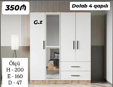 Dolab – 4 qapılı, güzgülü model. Ağırlıqlı ağ rəngdə, taxta dekor alt