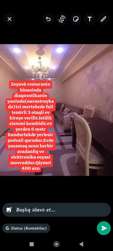 300 azn kiraye evler: Zeyneb restoranin binasinda diaqnostikanin yaninda(navastroykada)1ci