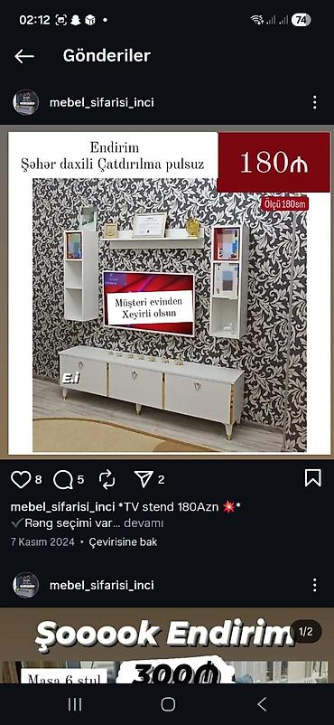 falqa kagizi: TV stend dəsti – ölçü: 180 sm Ağ rəngdə, qızılı detallarla modern — 1