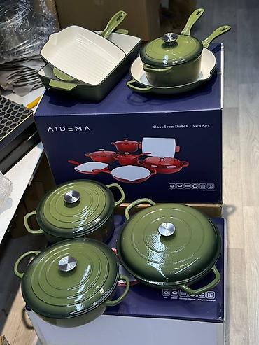 cast: Набор чугунной посуды AIDEMA — Cast Iron Dutch Oven Set, зелёный. 7в1 — 1