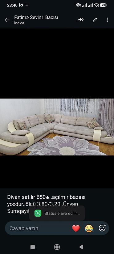 Divan satılır 650₼. açılmır bazası yoxdur. ölçü 3.80/3.20. Ünvan