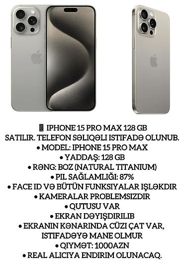 kontakt az telefonlar: IPhone 15 Pro Max, 128 GB, Natural Titanium, Face ID — 1