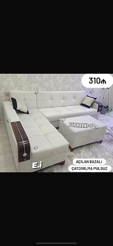 Ev üçün mebel: Məhsul: Açılan bazalı L formalı künc divan Qiymət: 310₼ Jurnal masası — 1