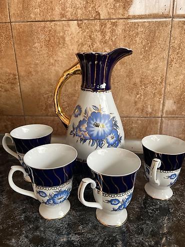 qrafin dəsti: Çay dəsti, rəng - Göy, Farfor, 5 nəfərlik, Yaponiya — 1