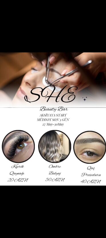 ten effekti qaş: SHE Beauty Bar-da kiprik qaynağı, ombre balyaj və qaş prosedurları
