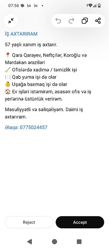 evde daye işyeri: Xidmət: Ofis təmizliyi, qab yuma və uşaq baxımı - 57 yaşlı xanım iş — 1