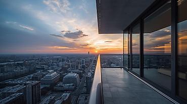 Mənzildə geniş panoramik balkon – müasir şüşə məhəccərli, şəhərə