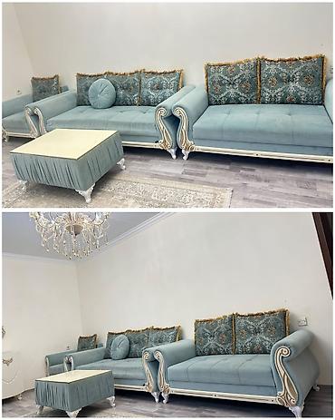 damla divan desti: 2 ədəd divan,2 ədəd kreslo satılır 650₼. 7 ədəd yastıgı, pufiki ilə — 1