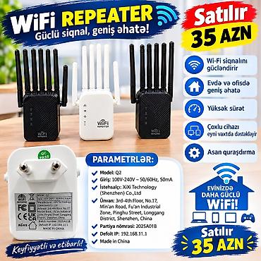 Modemlər və şəbəkə avadanlıqları: WiFi Repeater – güclü siqnal, geniş əhatə! Xüsusiyyətlər: - Wi‑Fi — 1