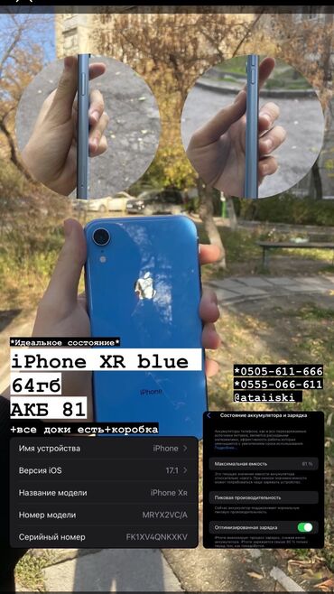 iphone xr: IPhone Xr, Б/у, 64 ГБ, Голубой, Чехол, Коробка, 80 %